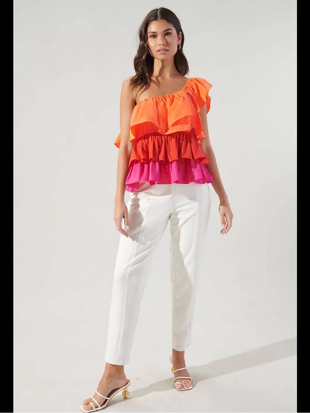Sugarlips One-Shoulder Ruffle Top in Orange and Pink